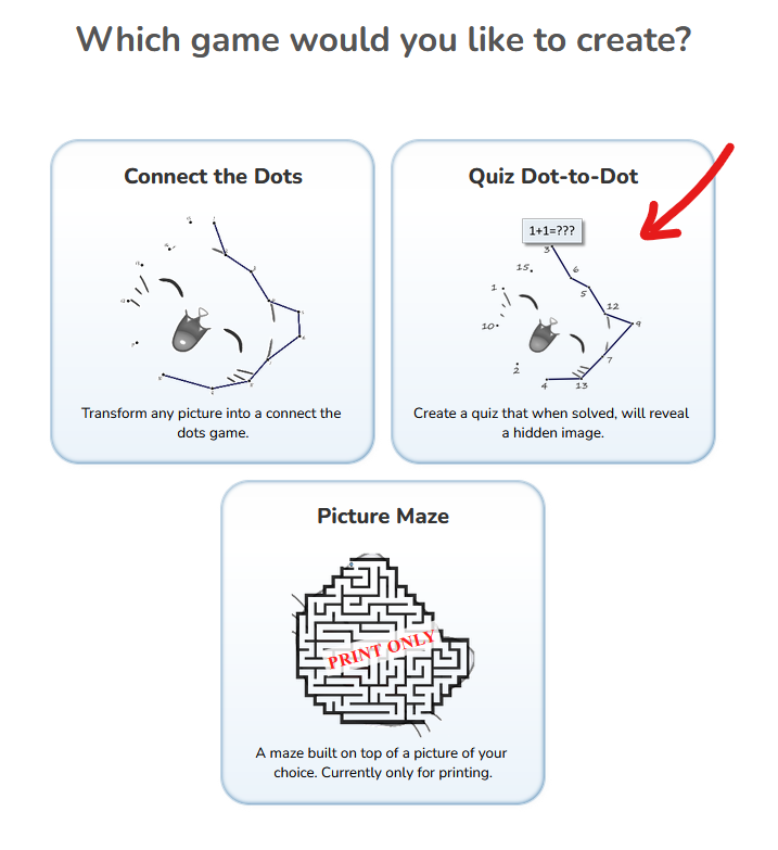 Select the quiz dot-to-dot game type