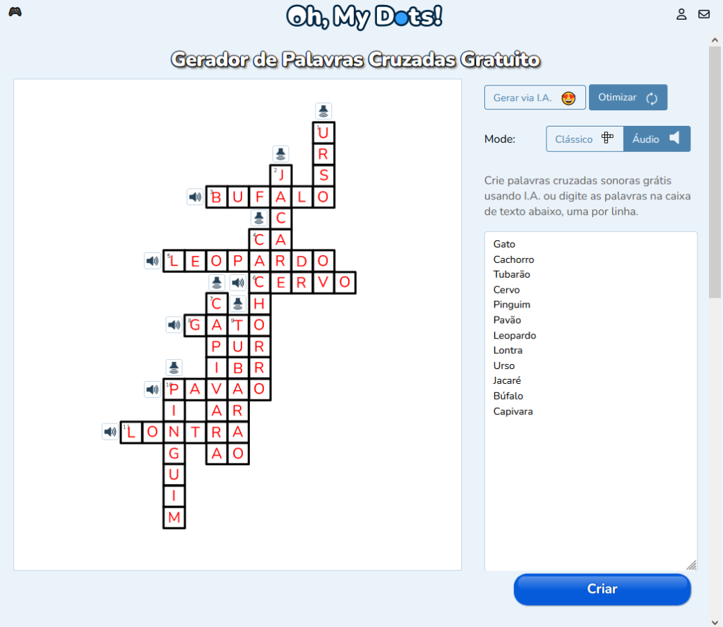 Gerador de Palavras Cruzadas Gratuito, Movidas a I.A.