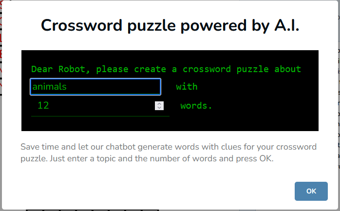 A.I. powered crossword generator