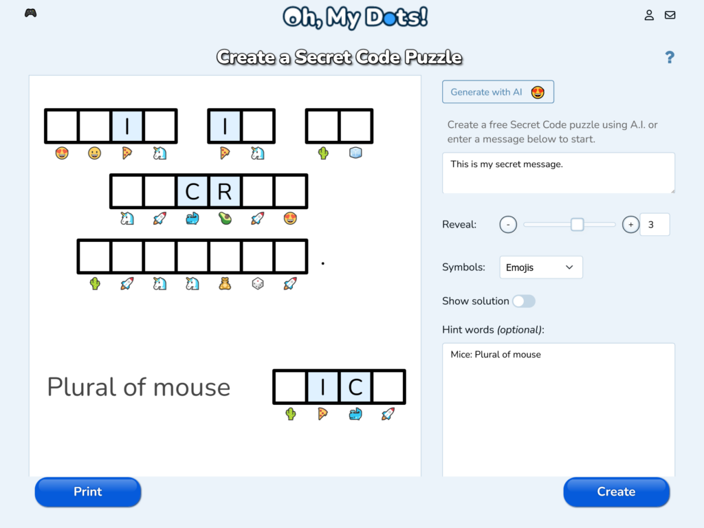Secret Code game maker with hint words