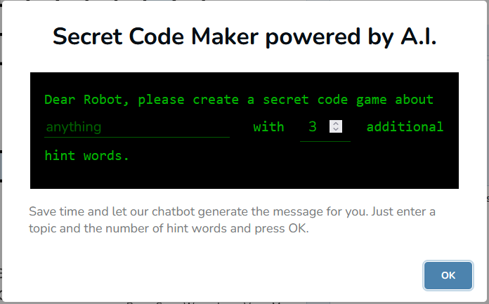 Secret Code Maker powerde by AI dialog box